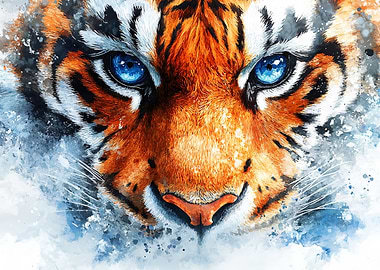 Watercolor Tiger Portrait with Blue Eyes