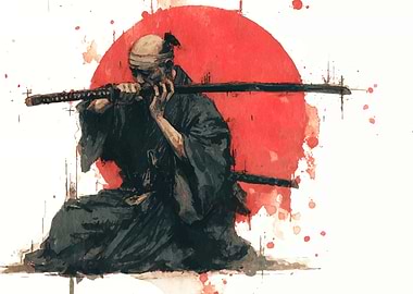 Samurai with Katana and Red Sun