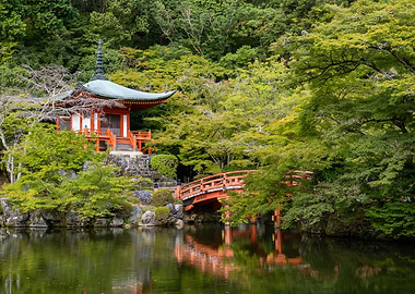 Japanese Temple and Bridge over Water