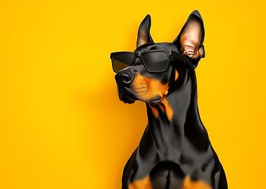 Cool Doberman with Sunglasses on Yellow