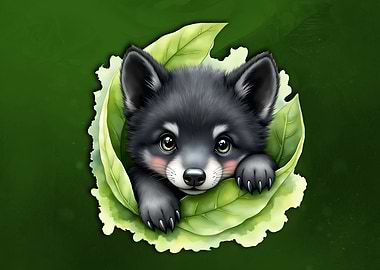 Cute Wolf Pup in Lettuce Leaves
