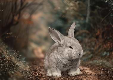Gray Rabbit in Forest Path
