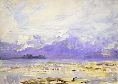 Watercolor Seascape with Island and Clouds