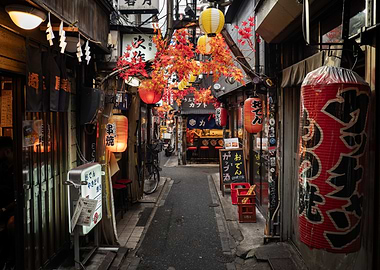 Japanese Alleyway with Lanterns and Decorations Omoide Yokocho