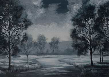 Monochromatic Landscape Painting with Trees