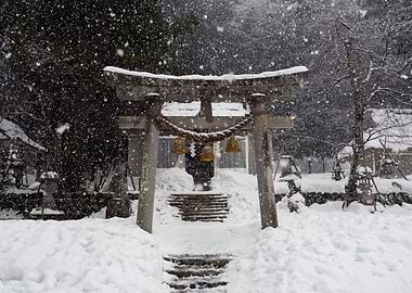 Snowy Japanese Shrine Gate Shirakawa Go