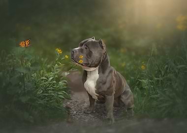 Pitbull with Butterfly and Yellow Flowers