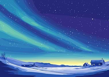 Winter landscape with aurora borealis