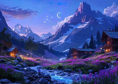 Mountain Landscape with Cabins and Stream