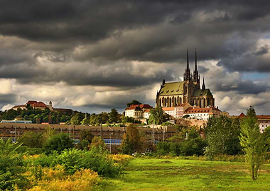 Brno Cathedral and Cityscape under Stormy Sky