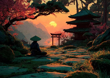 Japanese Temple Sunset Meditation