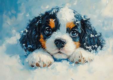 Sweet Cavalier king charles Spaniel in Snow | Puppy Portrait in Blue and White