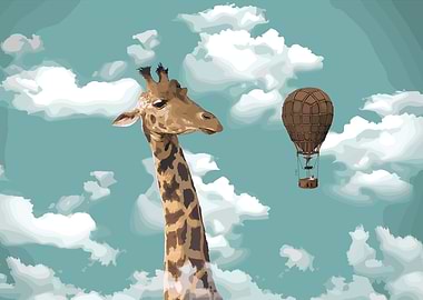 Giraffe and Hot Air Balloon in Sky