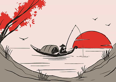 Japanese Fisherman at Sunset Illustration