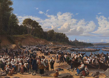 Historical painting of a beach gathering