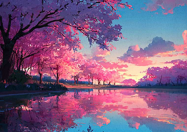 Pink Cherry Blossom Trees by Lake