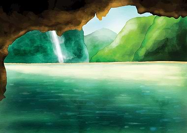 Cave view of tropical landscape painting