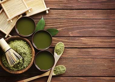 Matcha Tea Still Life on Wood