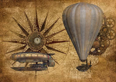 Steampunk Airships and Compass Rose