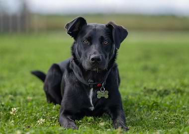 Black Dog Portrait in Green Grass