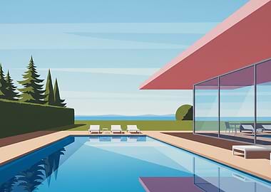 Pastel Poolside Architecture – Minimalist Mid‑Century Modern Metal Art