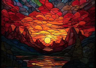 Stained Glass Sunset Landscape
