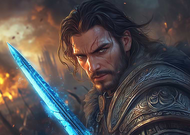 Warrior with Glowing Sword in Battle