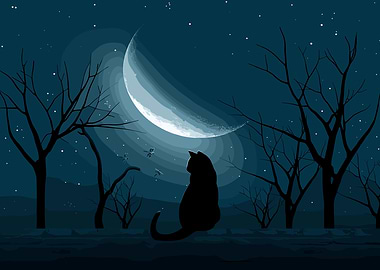 Cat Silhouette Under Crescent Moon Night