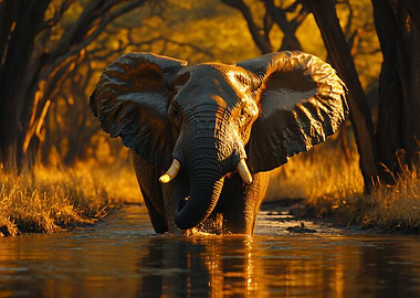 Elephant in Water at Sunset
