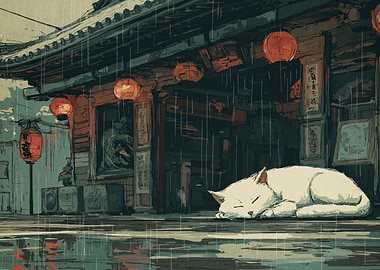 Sleeping Cat in Rainy Japanese Town