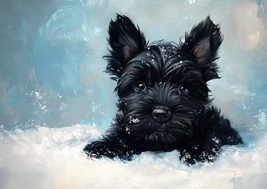 Black Terrier Puppy in Snow Painting | Winter dog decor