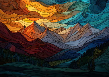 Abstract Mountain Landscape with Stained Glass Effect