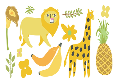 Cute Yellow Animals and Fruits Illustration