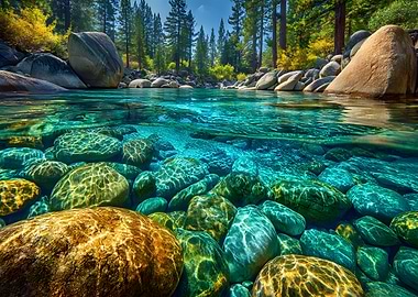 Crystal Clear River with Rocks and Trees