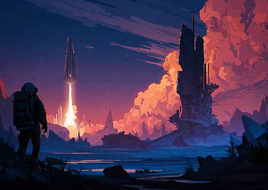 Astronaut watches rocket launch on alien planet