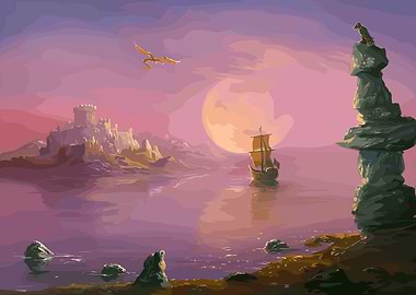 Fantasy Landscape with Dragon and Ship