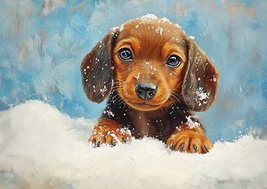 Dachshund puppy in snow painting | Sausage dog wall art