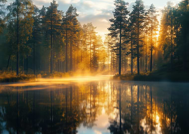 Golden Sunrise Misty Forest Lake