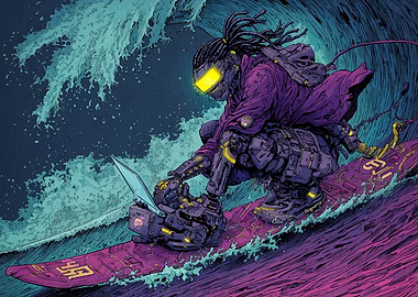 Cyberpunk Surfer with Laptop on Wave