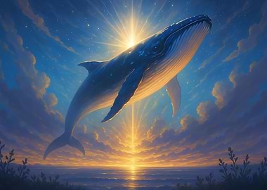 Whale in the Sky with Sunbeams