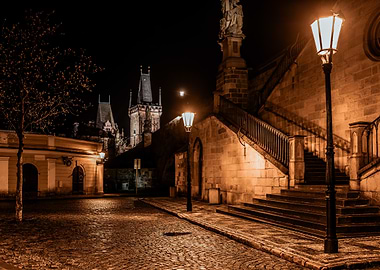 Night time Prague street scene with lamps