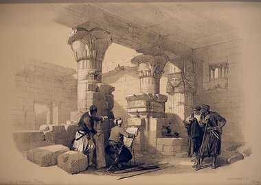 Egyptian Temple Interior with Figures