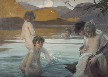 Children Bathing in Lake, Painting