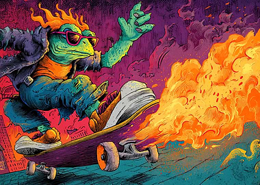 Radical Reptile Skateboarder with Fiery Flair