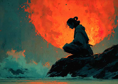 Contemplative Samurai at Sunset