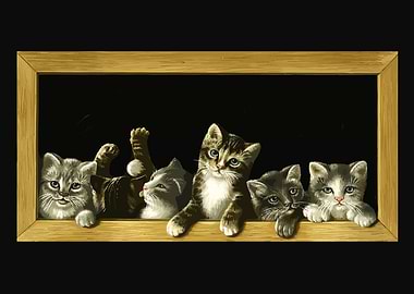 Curious Kittens in a Wooden Frame