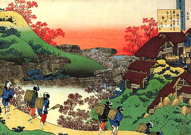 Japanese Woodblock Print: Mountain Village Scene