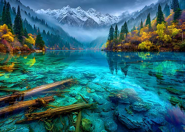 Turquoise Lake with Snowy Mountains