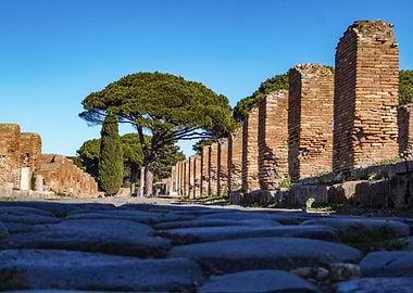 Ancient Roman Road Ruins Landscape in Ostia Antica