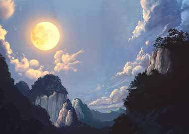 Full Moon Over Mountain Landscape